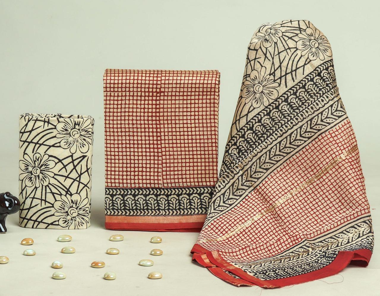 DESIGNER HAND BLOCK PRINT CHANDERI SILK SUIT SET WITH PREMIUM CHANDERI DUPATTA (CHDYS221)