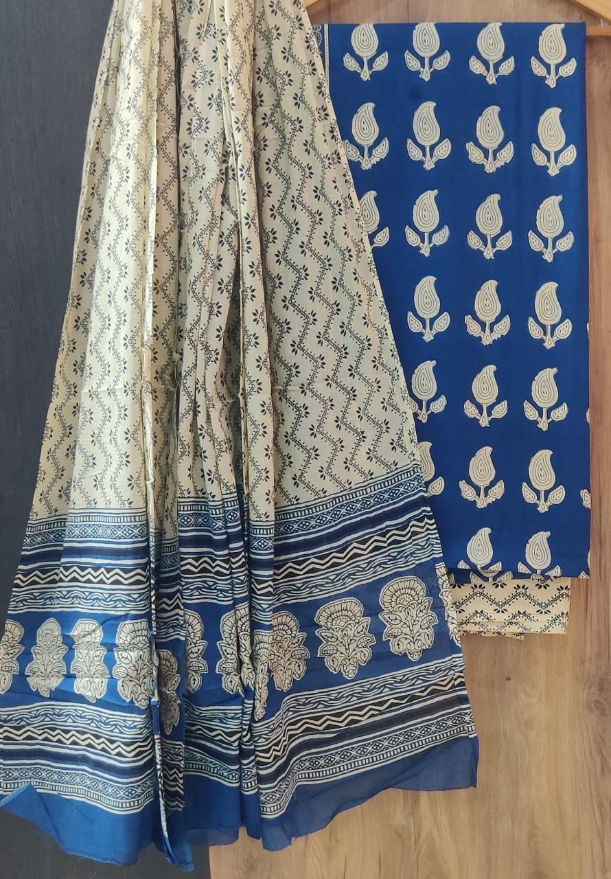 ELEGAT HAND BLOCK PRINT COTTON SUIT SET WITH MULMUL DUPATTA (MALYS297)