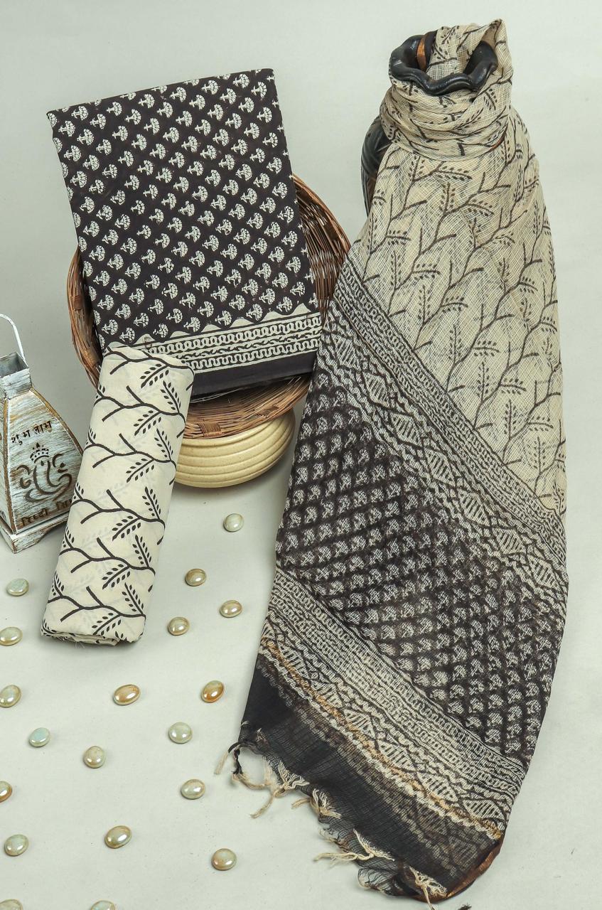 APPEALING FLORAL HAND BLOCK PRINT PURE COTTON SUIT WITH DORIA DUPATTA(3CKDYS174)