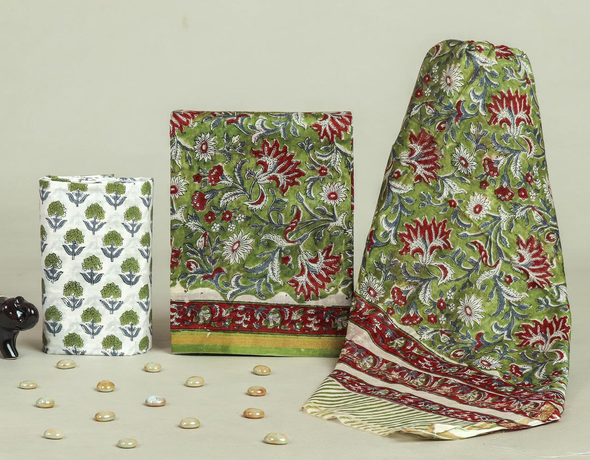 TRADITIONAL HAND BLOCK CHANDERI SILK SUIT SET WITH CHANDERI DUPATTA (CHDYS237)