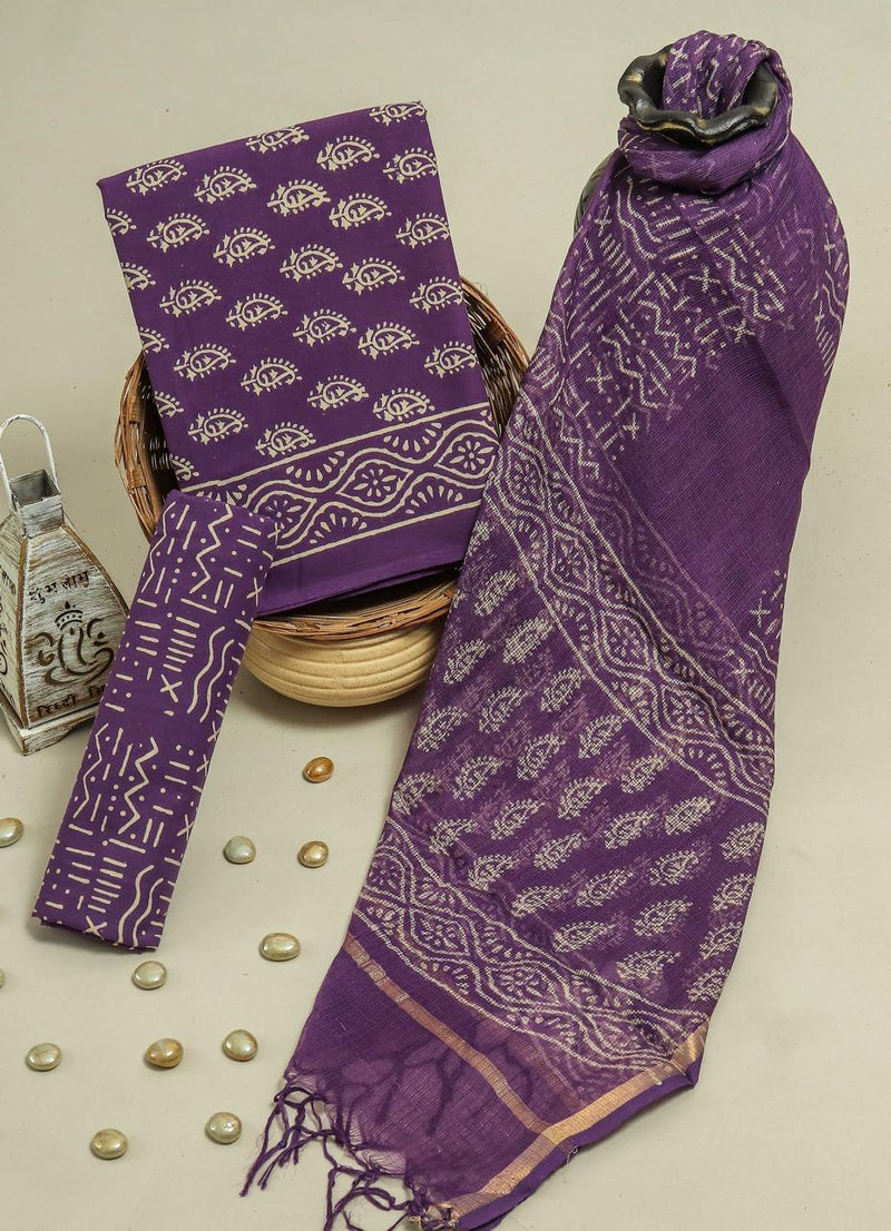 TRADITIONAL HAND HAND BLOCK PURE COTTON SUIT WITH KOTA DORIA DUPATTA (3CKDYS127)