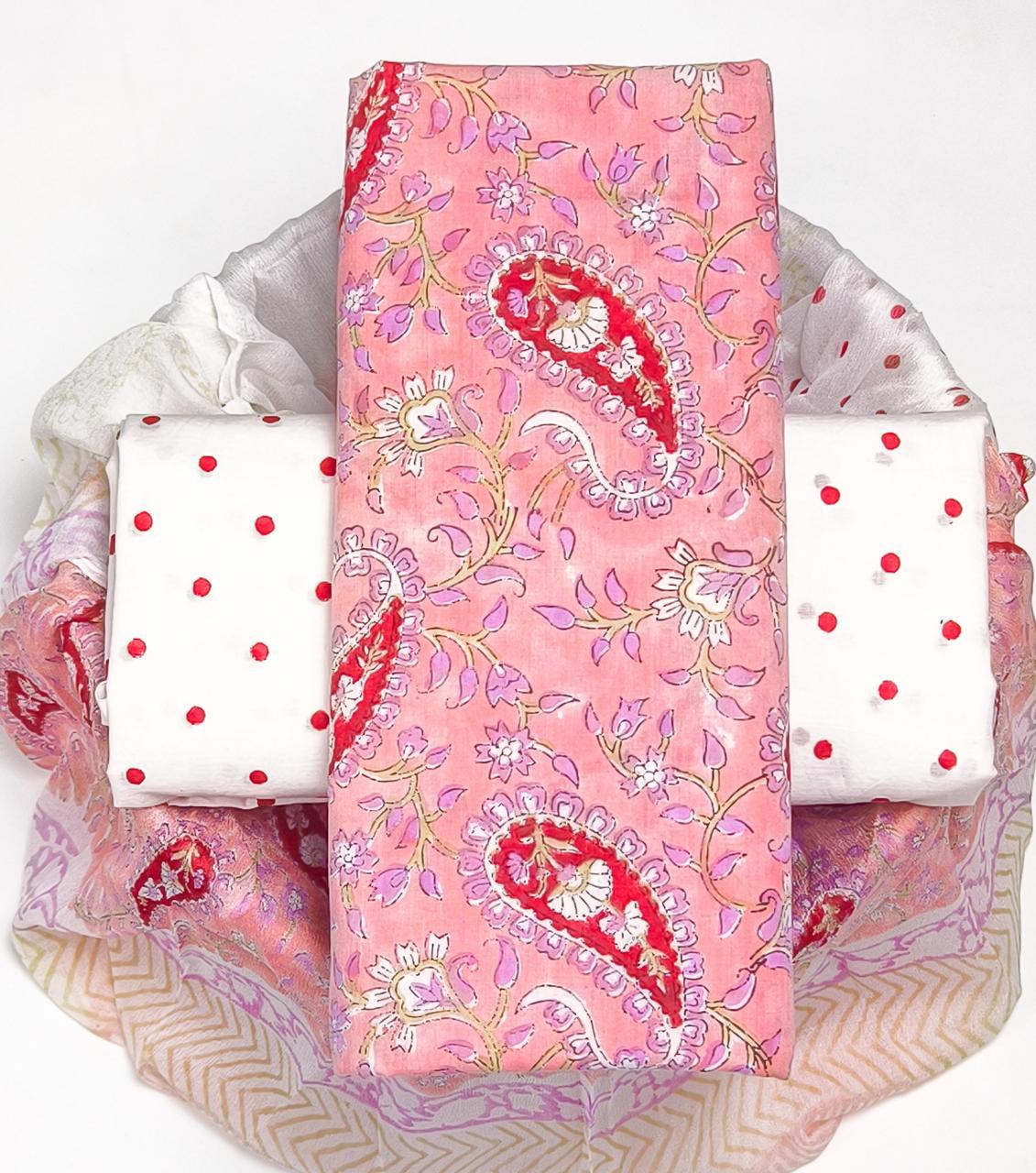 Yuvi Style HAND BLOCK PRINT PURE COTTON SUIT WITH CHIFFION DUPTTA (PCHFYS168)