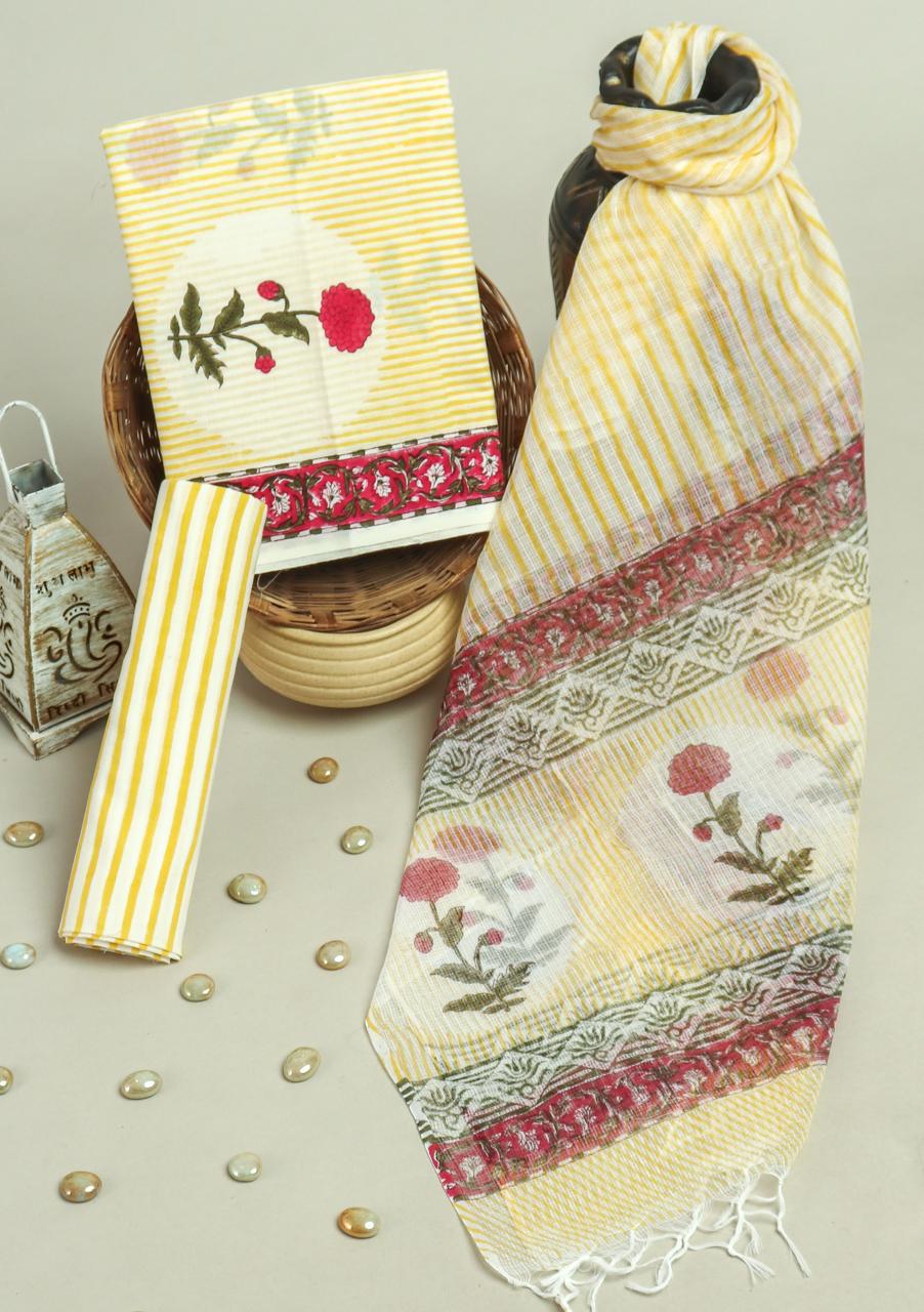 TRADITIONAL HAND HAND BLOCK PURE COTTON SUIT WITH KOTA DORIA DUPATTA (3CKDYS227)