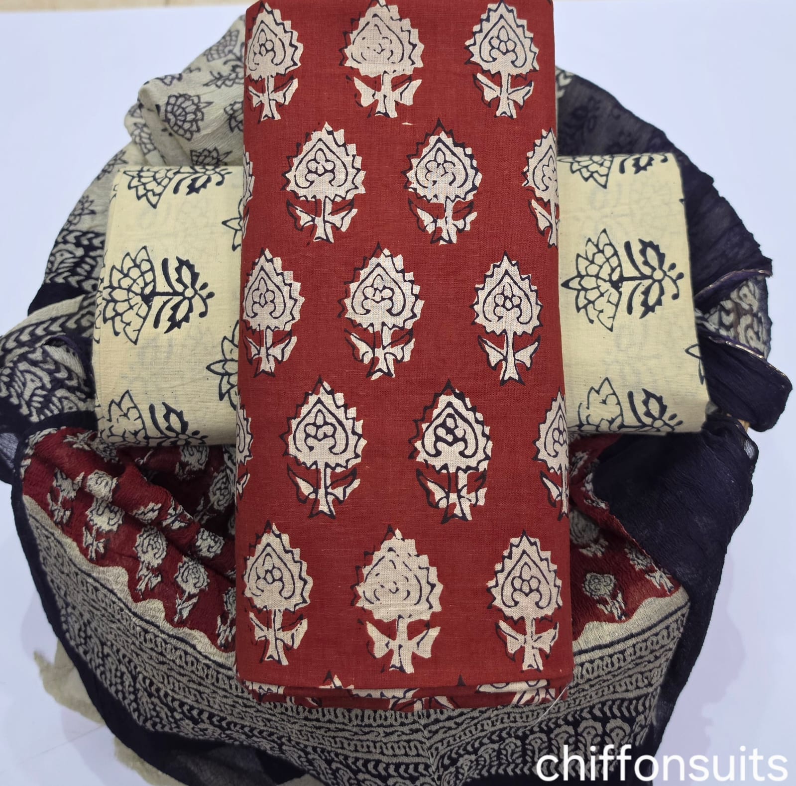 DESIGNER HAND BLOCK PRINT PURE COTTON SUIT WITH CHIFFON DUPATTA (PCHFYS43)