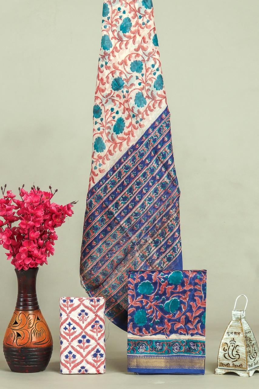 DESIGNER HAND BLOCK PRINT MAHESHWARI SILK SUIT SET (MSLYS61)