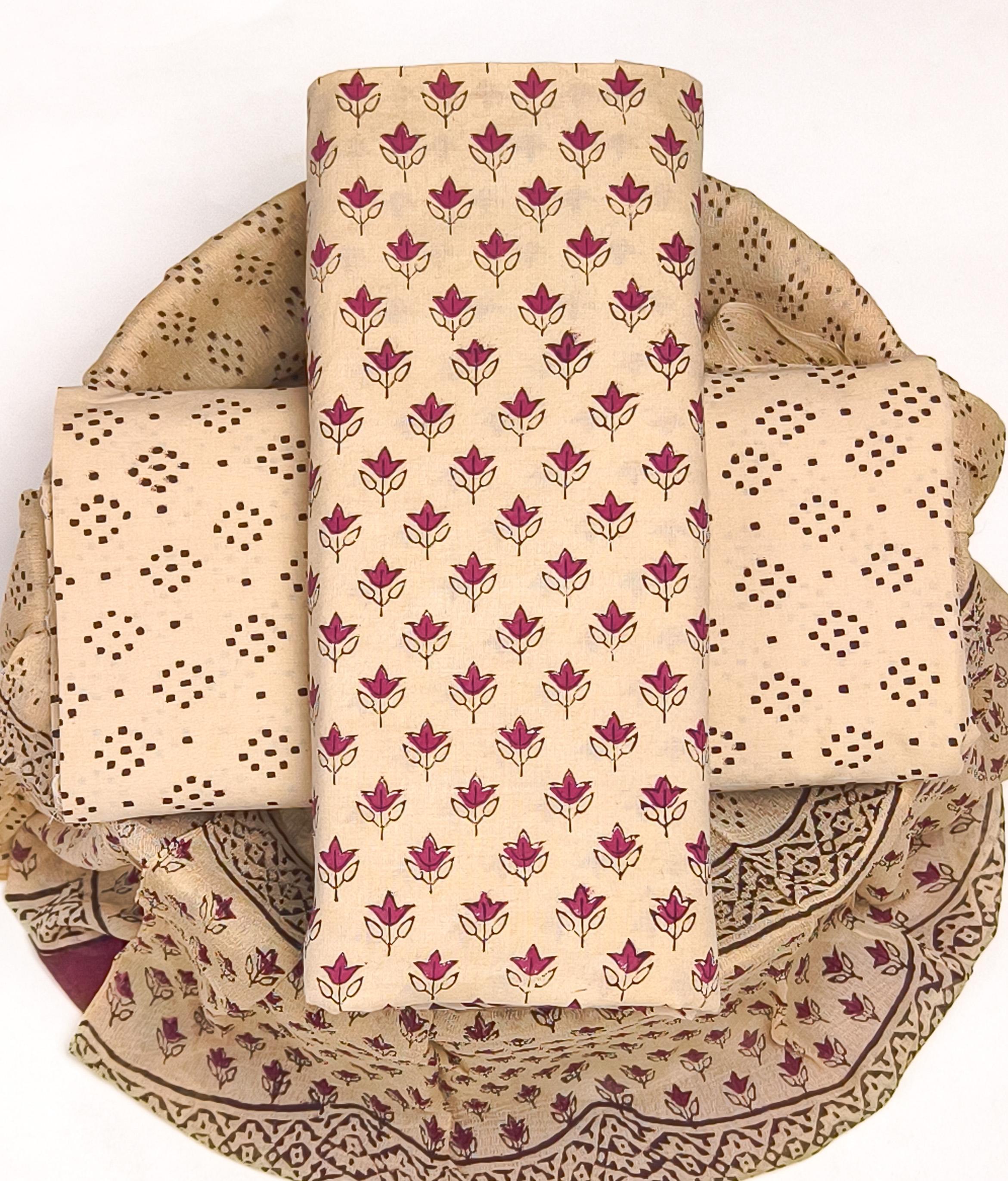 TRADITIONAL HAND BLOCK PRINT PURE COTTON SUIT WITH CHIFFION DUPTTA (PCHFYS156)