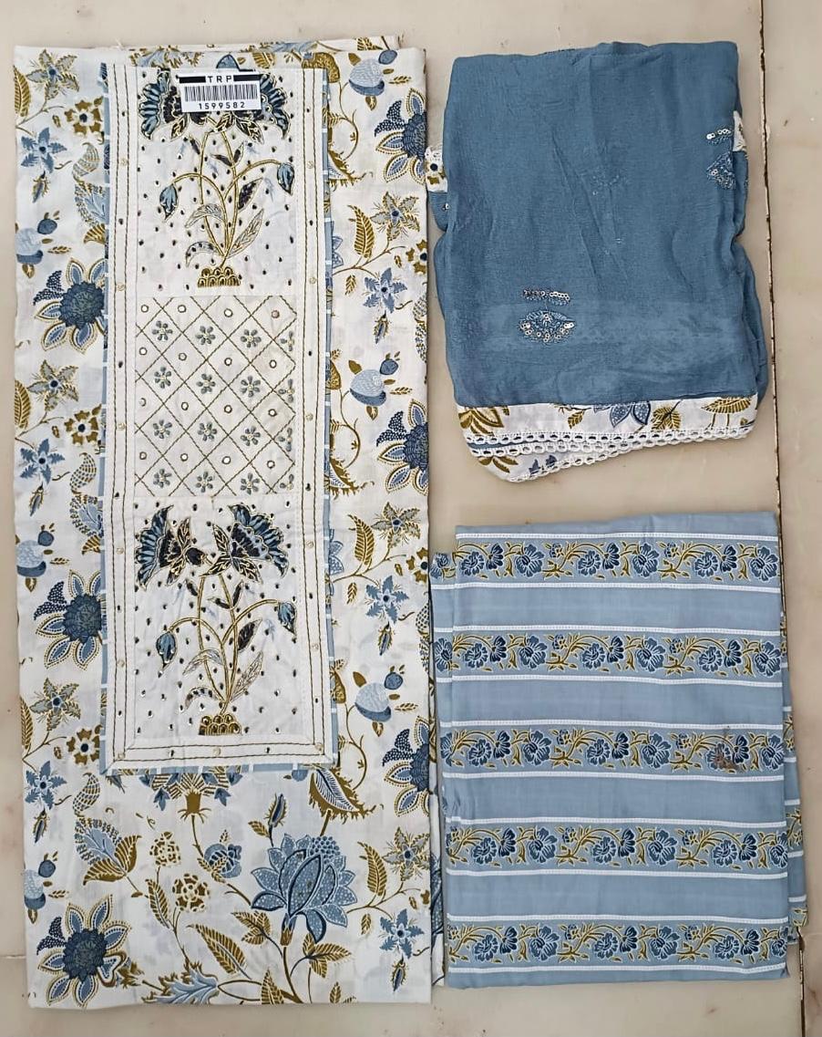 SANGANERI PRINT COTTON SUIT MATERIAL WITH CHIFFION DUPATTA NECK WORK (GOTAYS162)