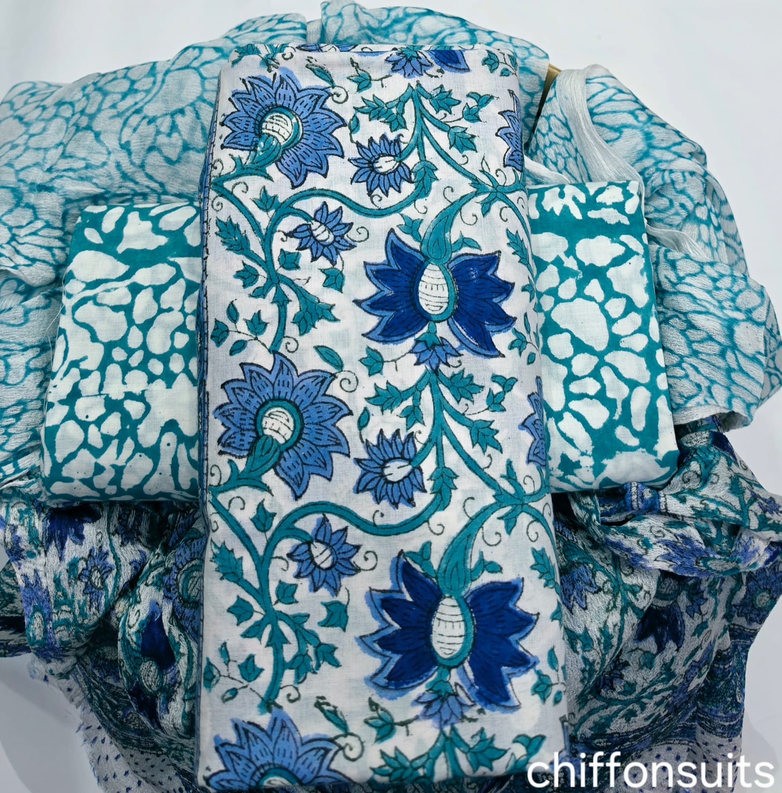 TRADITIONAL HAND BLOCK PRINT PURE COTTON SUIT WITH CHIFFION DUPTTA (PCHFYS155)
