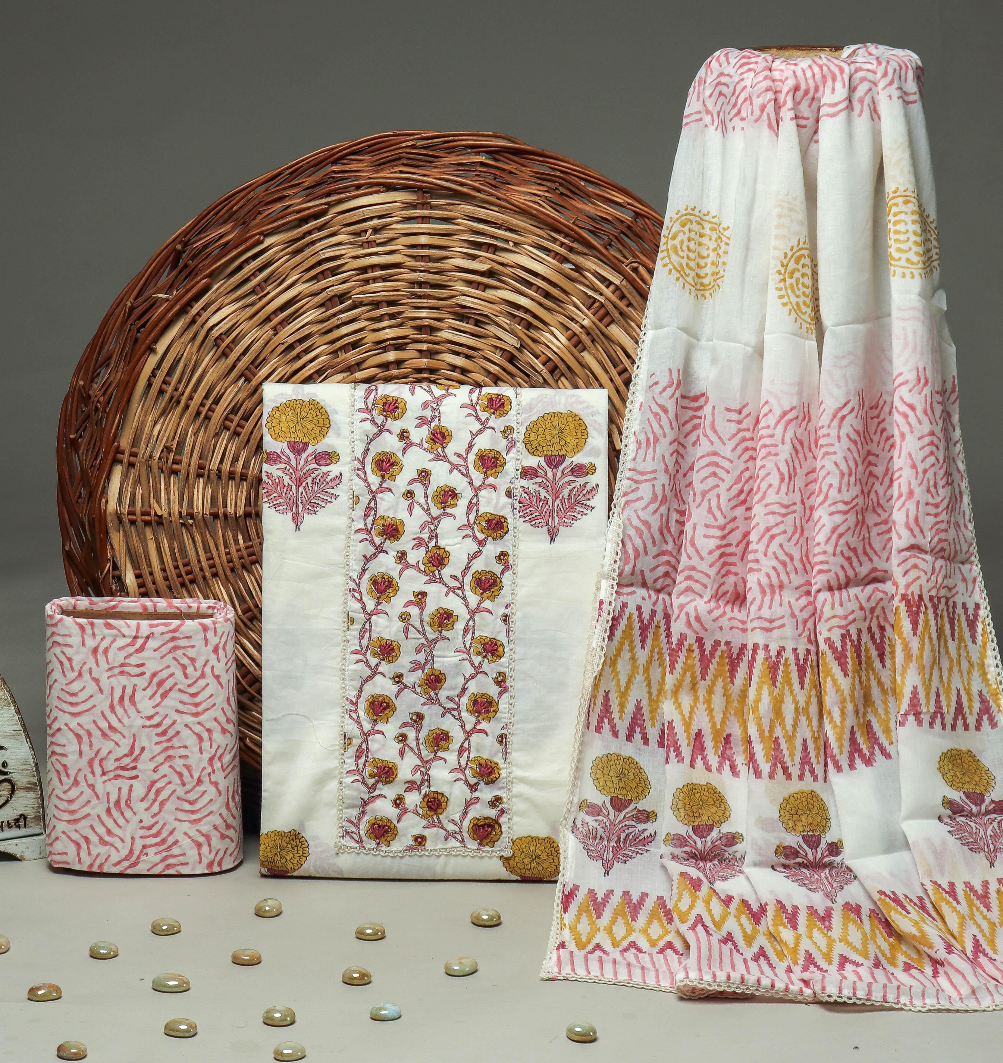 SANGANERI PRINT COTTON SUIT MATERIAL WITH COTTON DUPATTA NECK WORK (GOTAYS139)