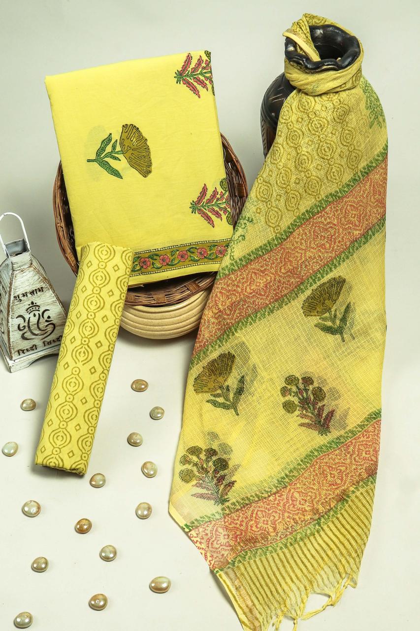 EXCLUSIVE HAND BLOCK PRINT PURE COTTON SUIT MATERIAL WITH KOTA DORIA DUPATTA (3CKDYS91)