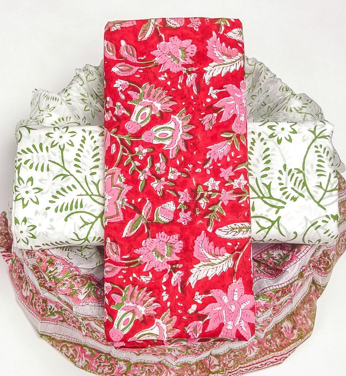 Exclusive HAND BLOCK PRINT PURE COTTON SUIT WITH CHIFFION DUPTTA (PCHFYS69)
