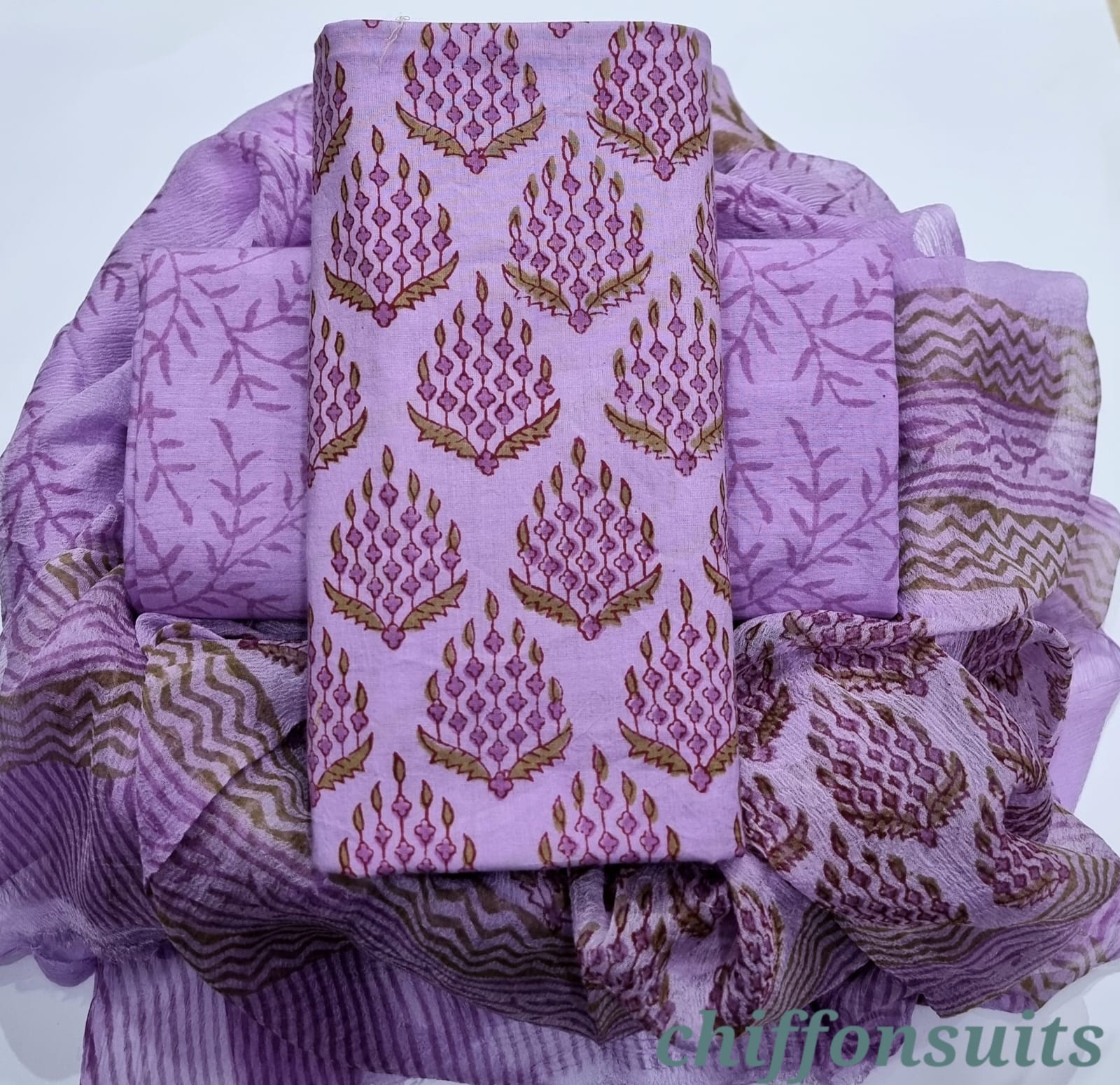 TRADITIONAL HAND BLOCK PRINT PURE COTTON SUIT WITH CHIFFION DUPTTA (PCHFYS157)