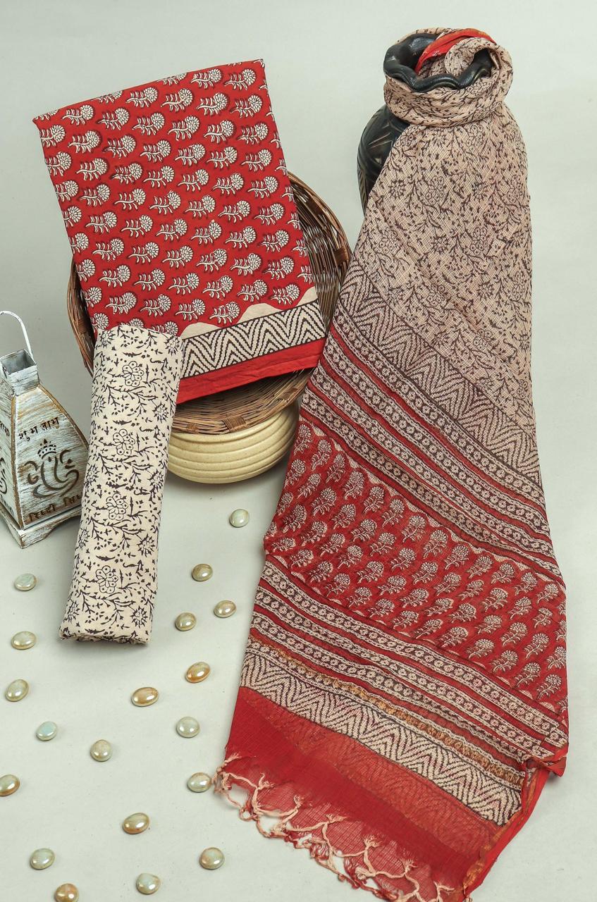 YUVI STYLE HAND BLOCK PURE COTTON SUIT WITH KOTA DORIA DUPATTA (3CKDYS135)