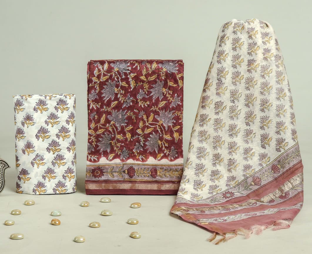 DESIGNER HAND BLOCK PRINT CHANDERI SILK SUIT SET WITH PREMIUM CHANDERI DUPATTA (CHDYS83)
