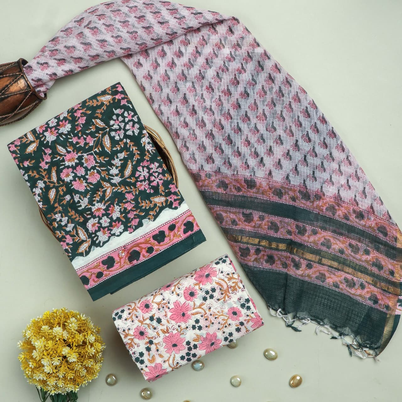 DESIGNER HAND BLOCK PRINT PURE COTTON SUIT MATERIAL WITH KOTA DORIA DUPATTA (3CKDYS224)