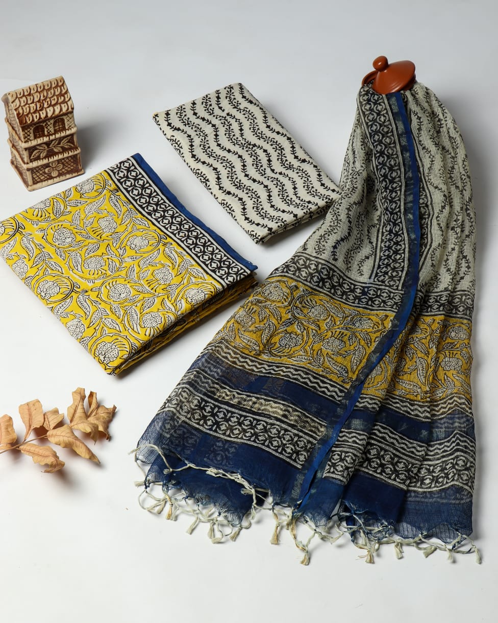 APPEALING FLORAL HAND BLOCK PRINT PURE COTTON SUIT WITH DORIA DUPATTA(3CKDYS174)