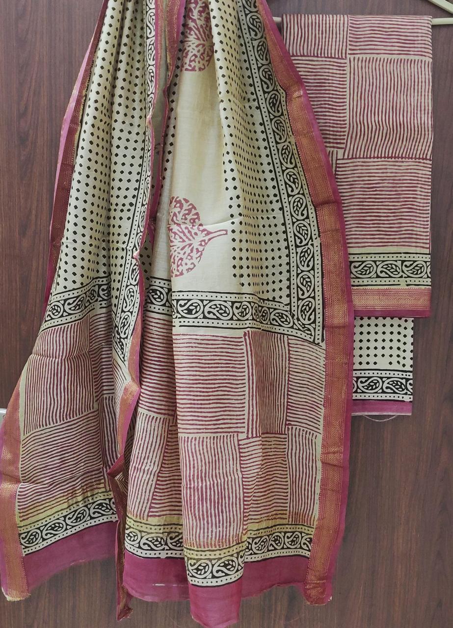 DESIGNER HAND BLOCK PRINT MAHESHWARI SILK SUIT SET (MSLYS152)