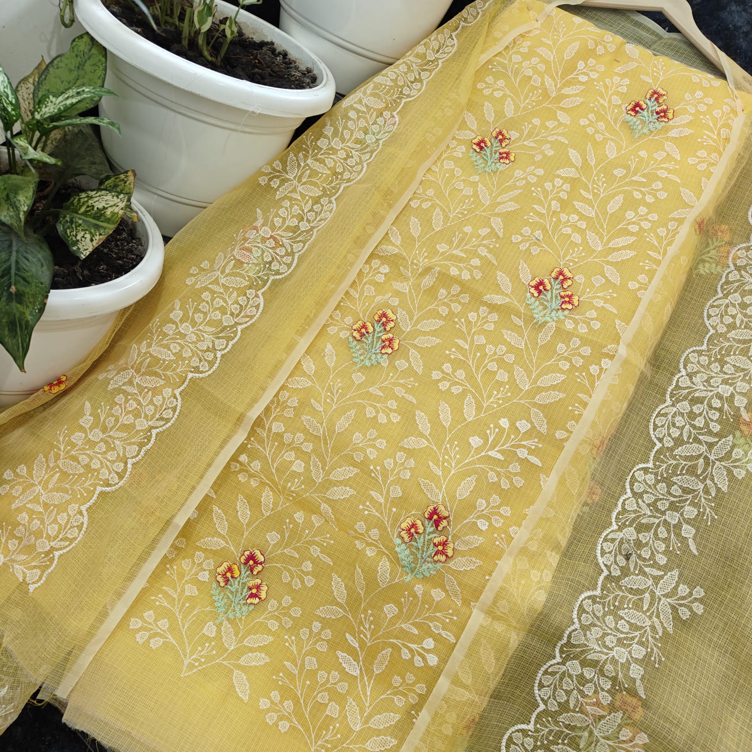 Yuvi Style Yellow Kota Doria Suit With Embroidery Work (FKDYS80)
