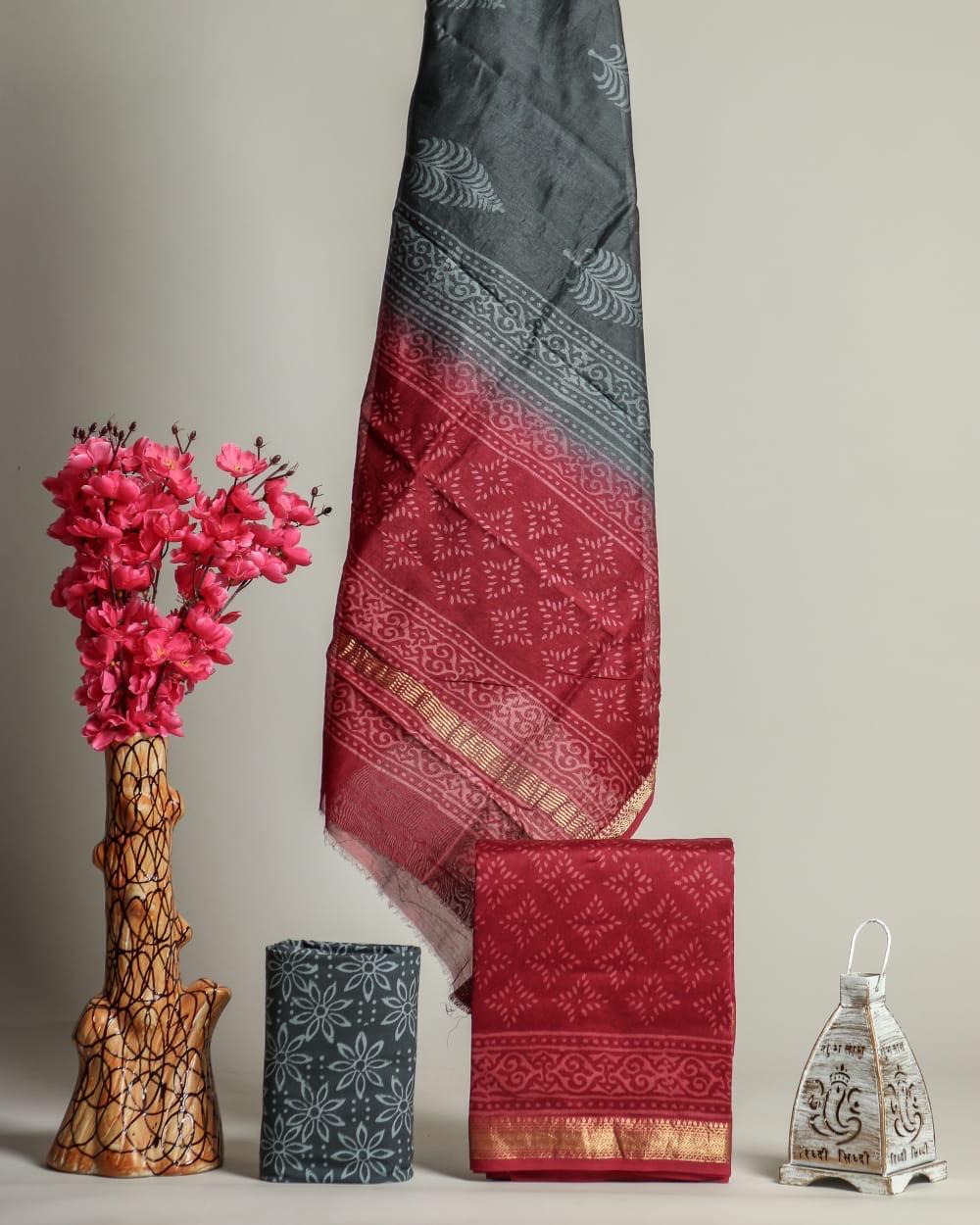 DESIGNER HAND BLOCK PRINT MAHESHWARI SILK SUIT SET (MSLYS84)