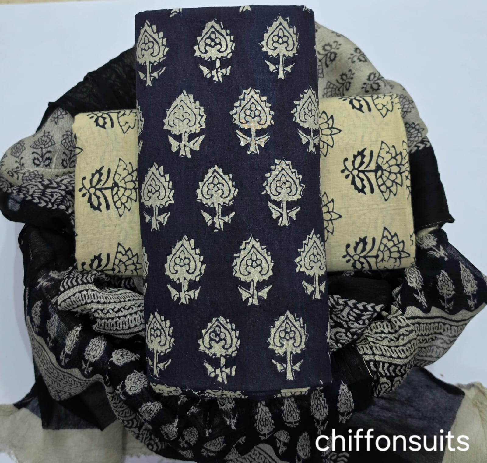 TRADITIONAL HAND BLOCK PRINT PURE COTTON SUIT WITH CHIFFION DUPTTA (PCHFYS153)