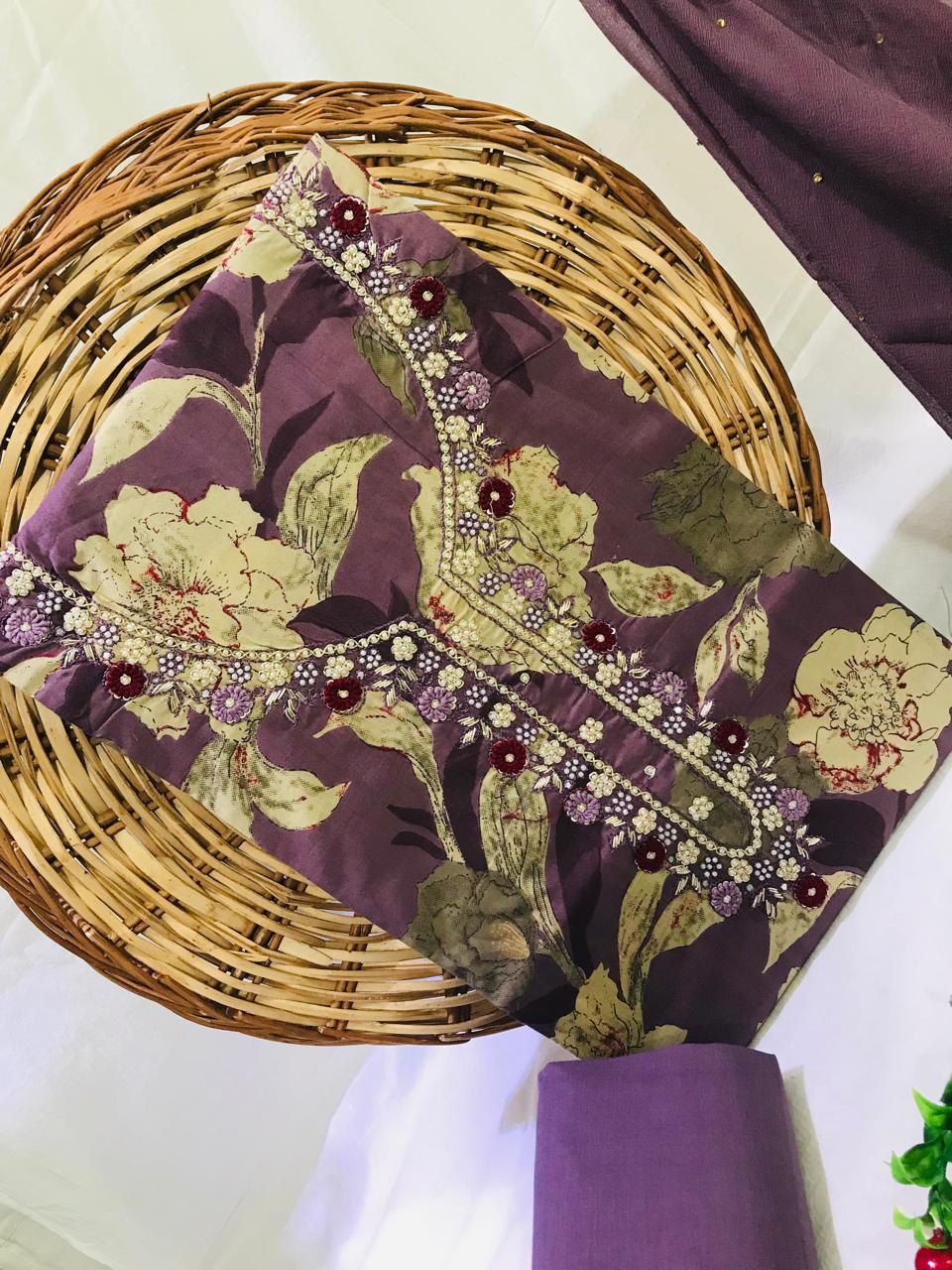 SANGANERI PRINT COTTON SUIT MATERIAL WITH CHIFFION DUPATTA NECK WORK (GOTAYS143)