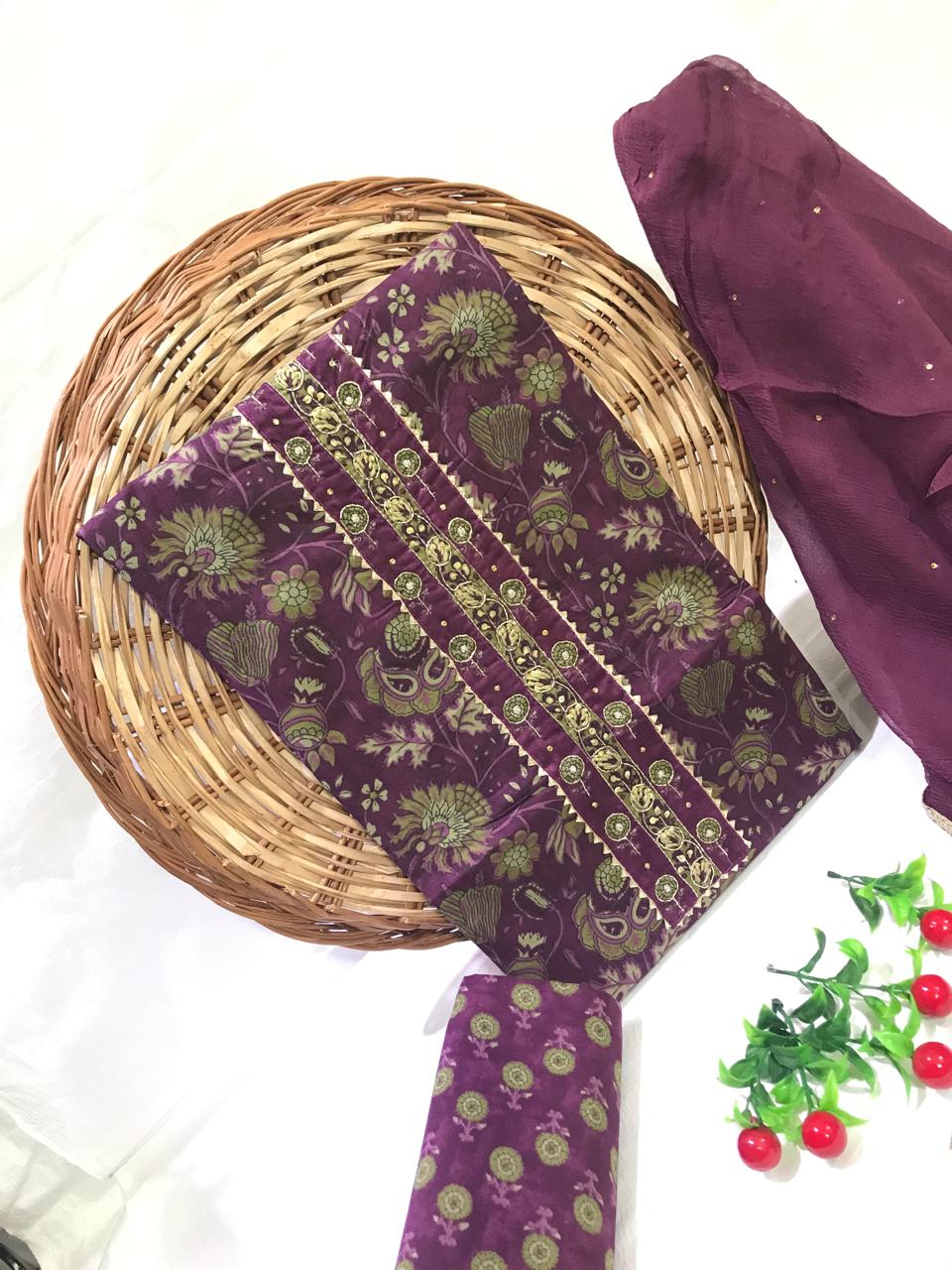 SANGANERI PRINT COTTON SUIT MATERIAL WITH CHIFFION DUPATTA NECK WORK (GOTAYS143)