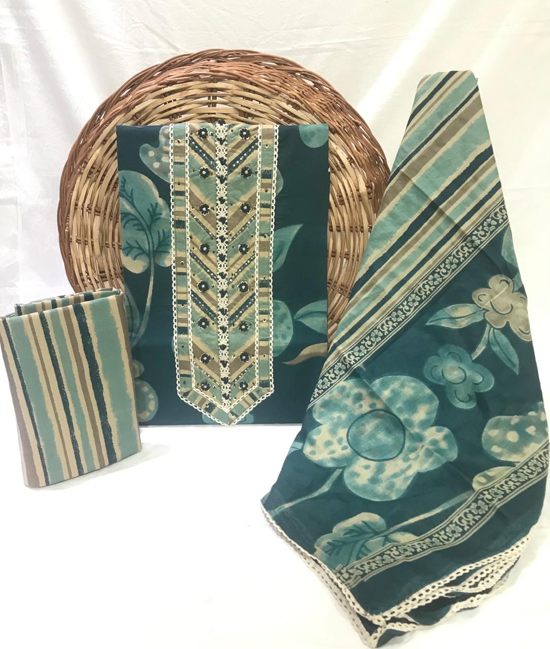 Sanganeri print cotton suit material with cotton dupatta Gotta Tye neck work (GOTAYS149)