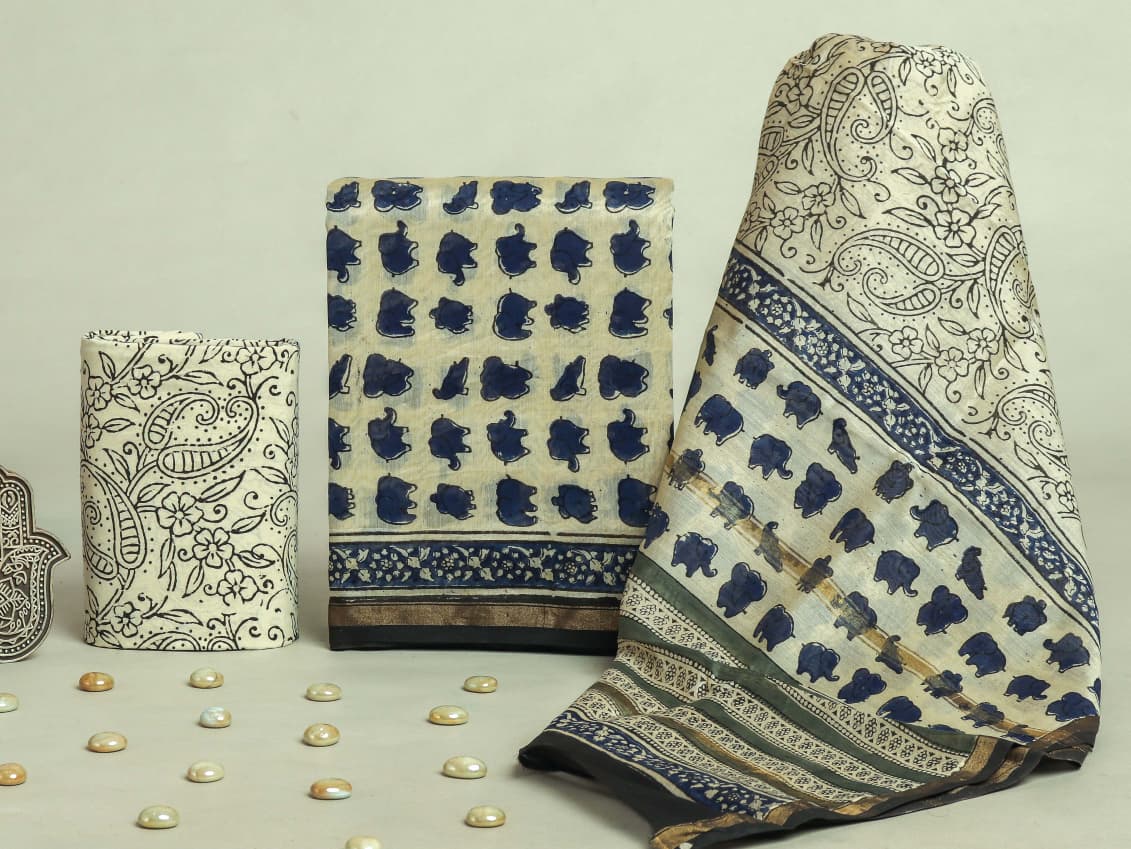 YUVI STYLE HAND BLOCK CHANDERI SILK SUIT SET WITH CHANDERI DUPATTA (CHDYS290)