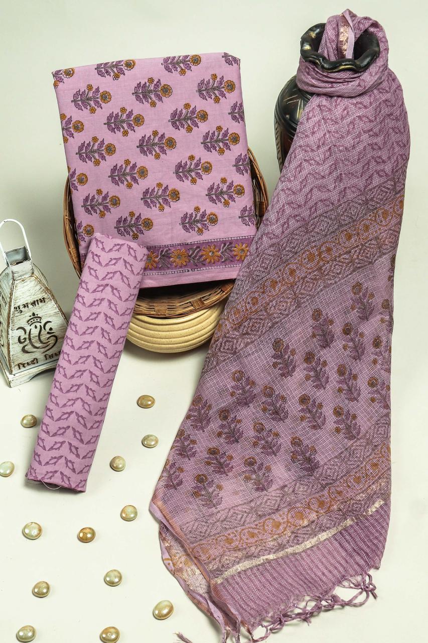 TRADITIONAL HAND BLOCK PRINT PURE COTTON SUIT MATERIAL WITH  DORIA DUPATTA (3CKDYS96)
