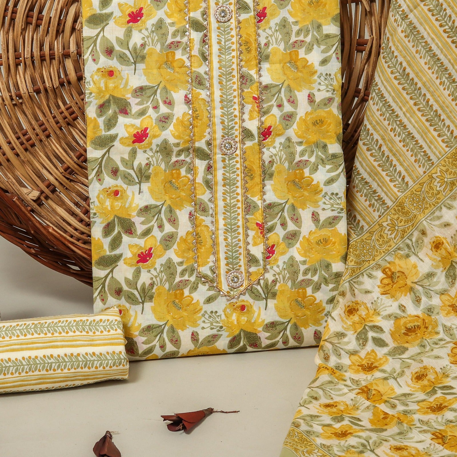Sanganeri print cotton suit material with cotton dupatta Gotta Tye neck work (GOTAYS10)