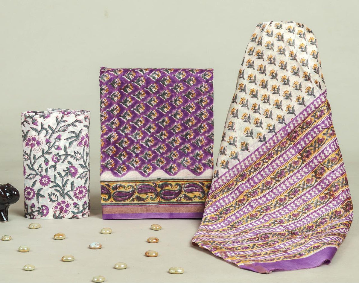 DESIGNER HAND BLOCK CHANDERI SILK SUIT SET WITH CHANDERI DUPATTA (CHDYS138)