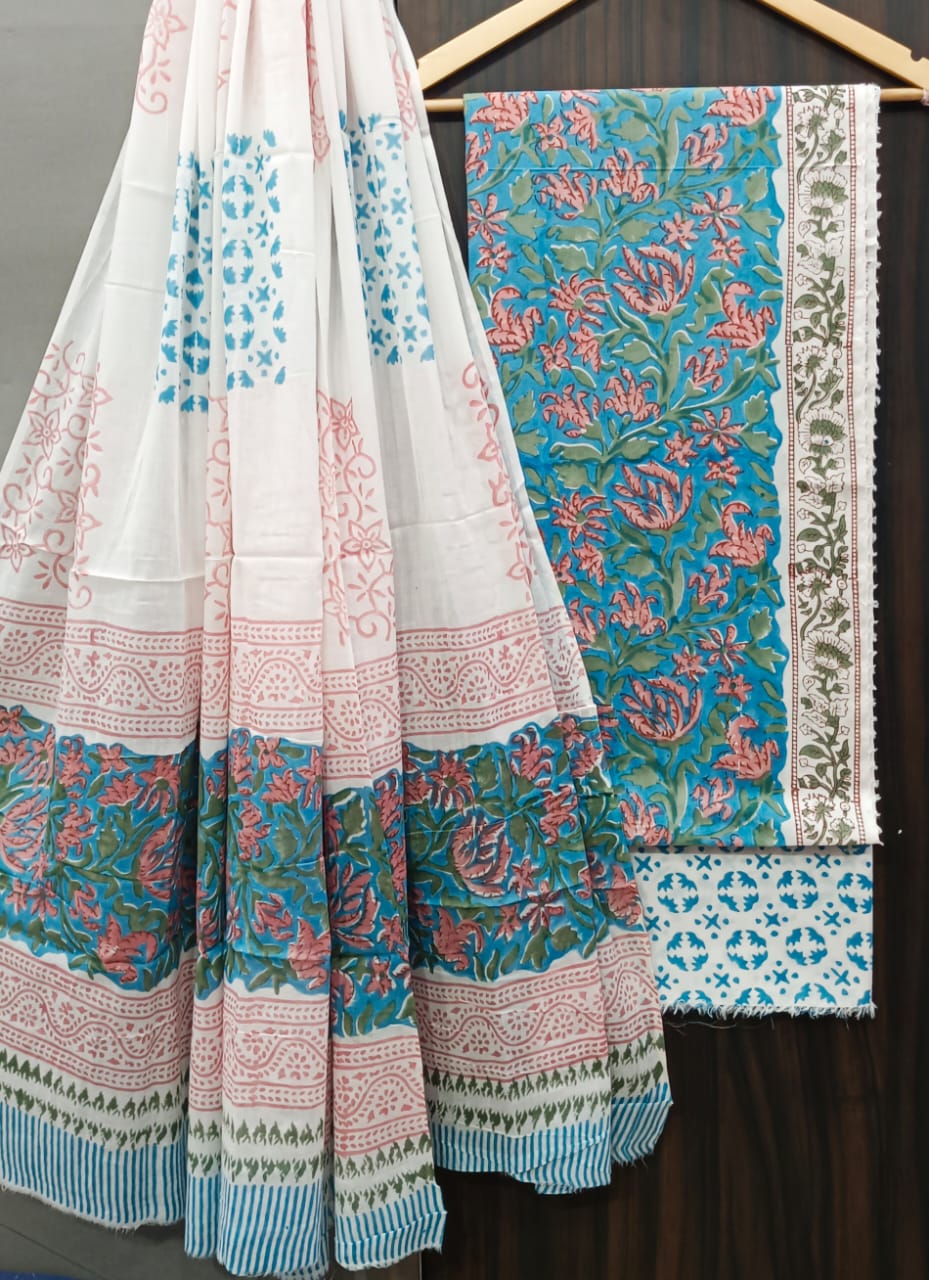 DESIGNER HAND BLOCK PRINT PURE COTTON SUIT WITH COTTON MULMUL DUPATTA (MALYS93)