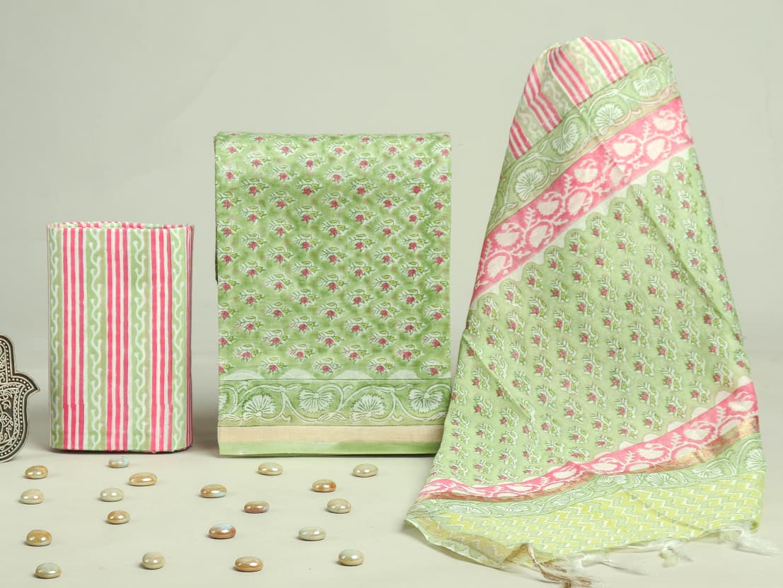 ELEGANT HAND BLOCK CHANDERI SILK SUIT SET WITH CHANDERI DUPPTTA (CHDYS169)