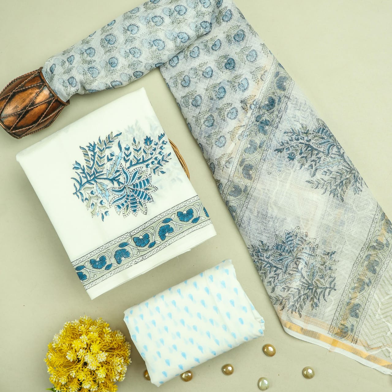 DESIGNER HAND BLOCK PRINT PURE COTTON SUIT MATERIAL WITH KOTA DORIA DUPATTA (3CKDYS37)
