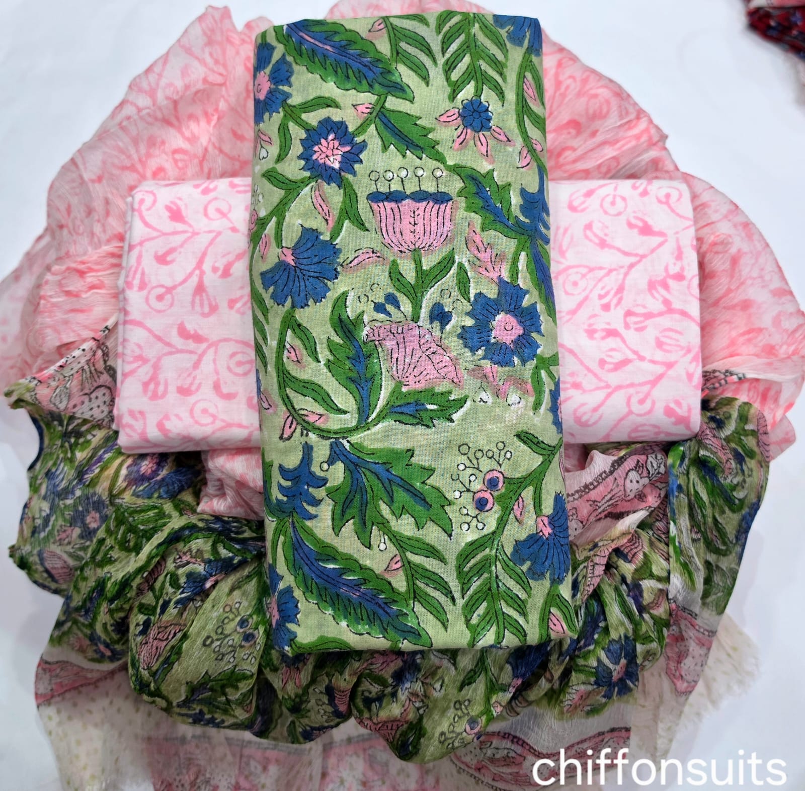 YUVI STYLE HAND BLOCK PRINT PURE COTTON SUIT WITH CHIFFION DUPTTA (PCHFYS79)