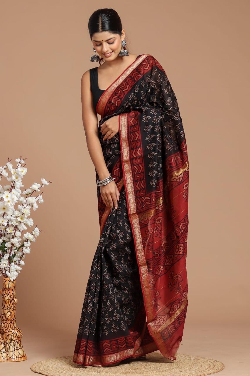 DESIGNER HAND BLOCK AJRAK PRINTED MAHESWARI SILK SAREE ( MSYS15)