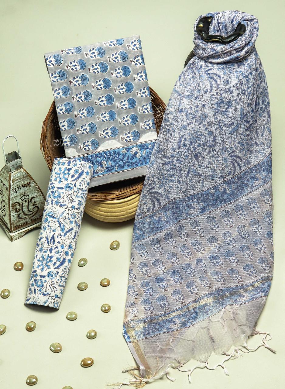 APPEALING FLORAL HAND BLOCK PRINT COTTON SUIT WITH KOTA DORIA DUPATTA (3CKDYS225)