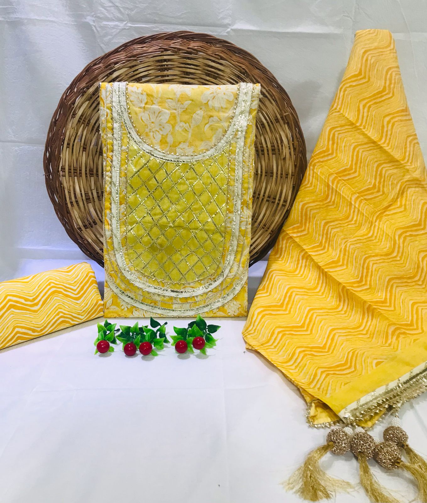 Sanganeri print cotton suit material with cotton dupatta Gota work (GOTAYS01)