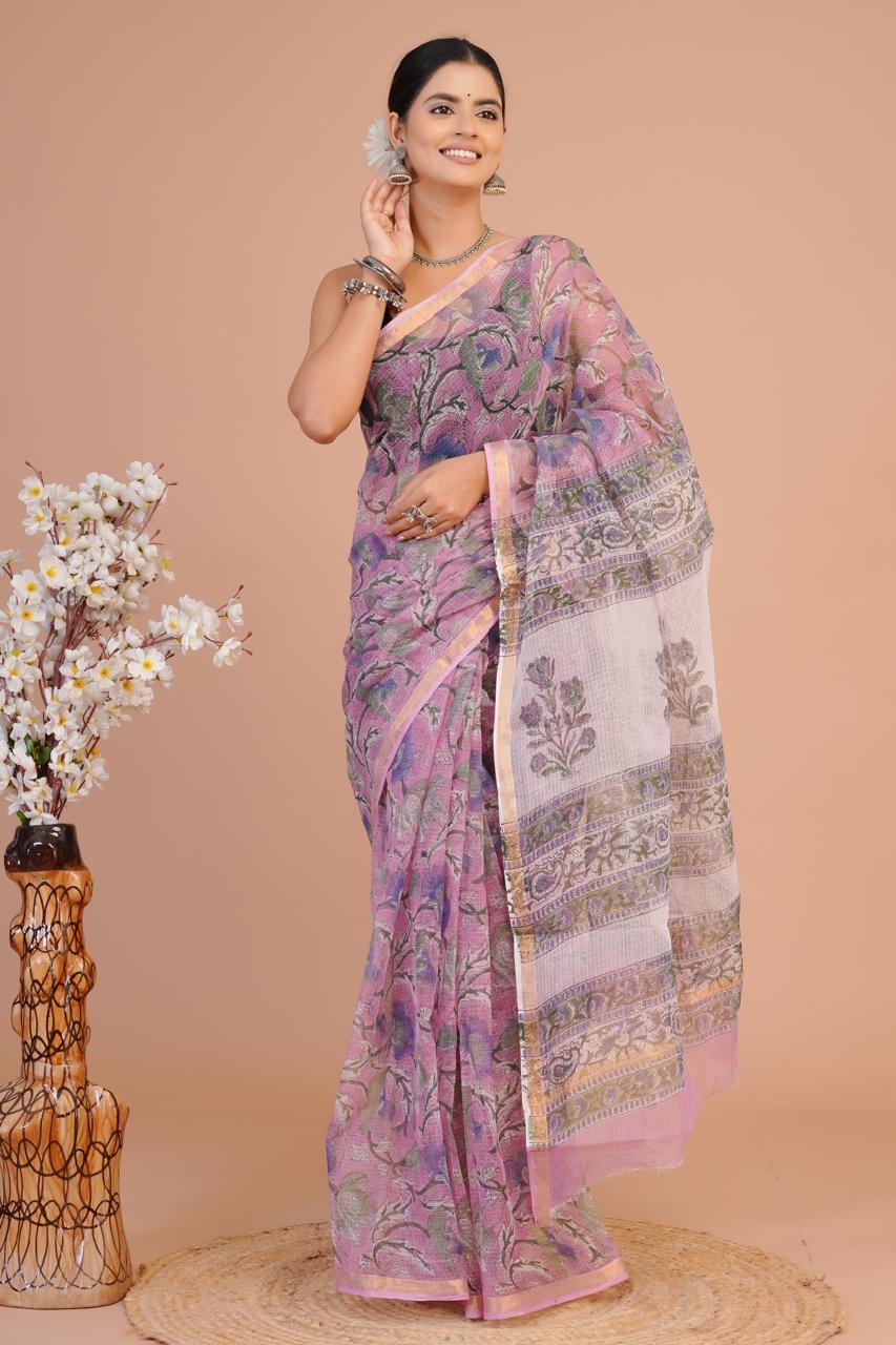 DESIGNER HAND BLOCK PRINTED KOTA DORIYA SILK SAREE(KDSYS25)