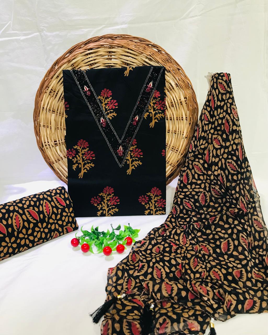 SANGANERI PRINT COTTON SUIT MATERIAL WITH CHIFFION DUPATTA GOTTA NECK WORK (GOTAYS142)