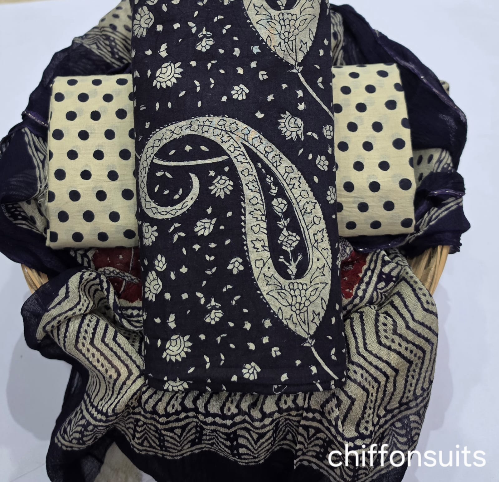 TRADITIONAL HAND BLOCK PRINT PURE COTTON SUIT WITH CHIFFION DUPTTA (PCHFYS111)