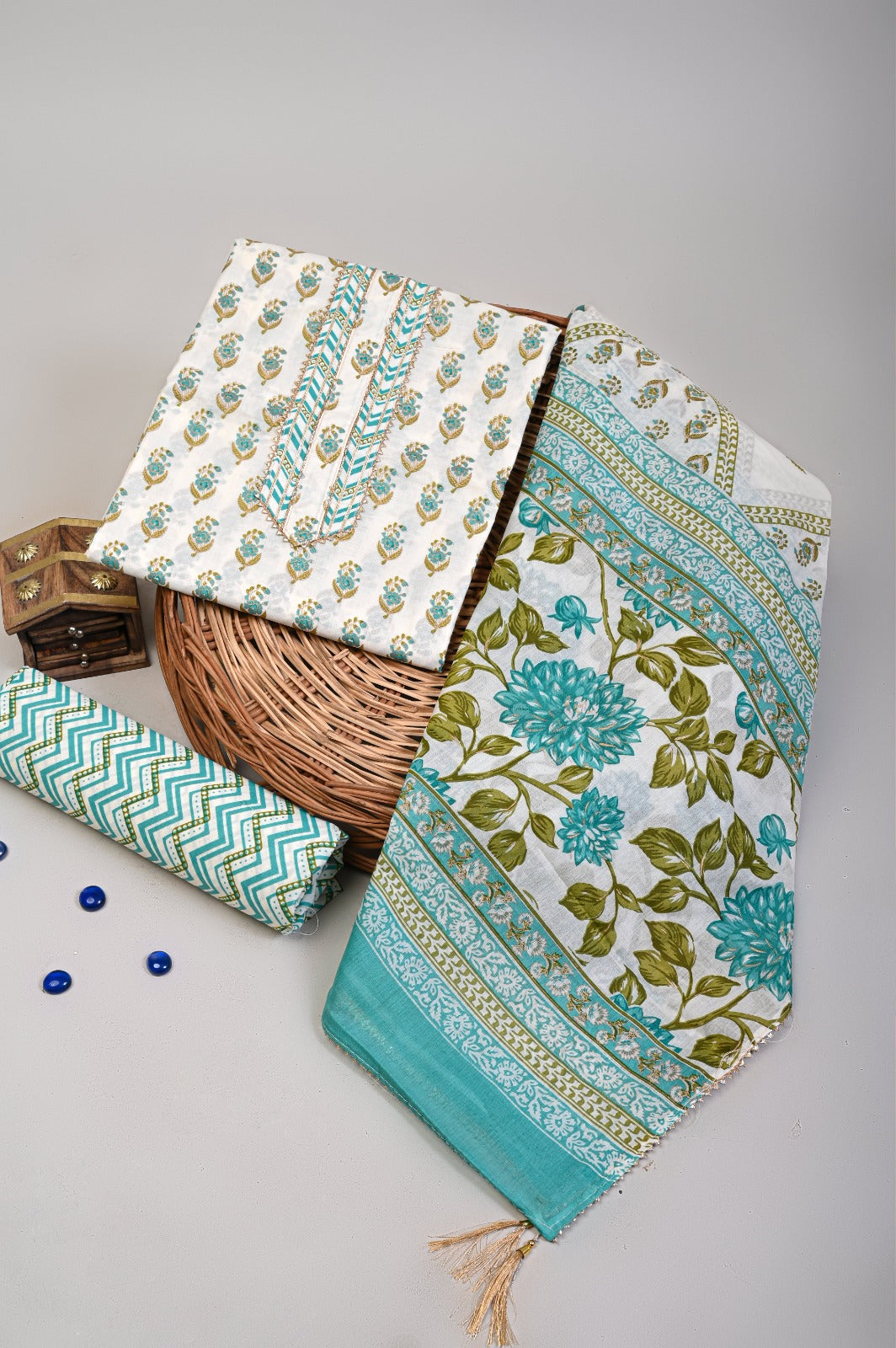 JAIPURI PRINTED COTTON NECK WORK SUITS WITH MULMUL DUPATTA (GOTAYS136)