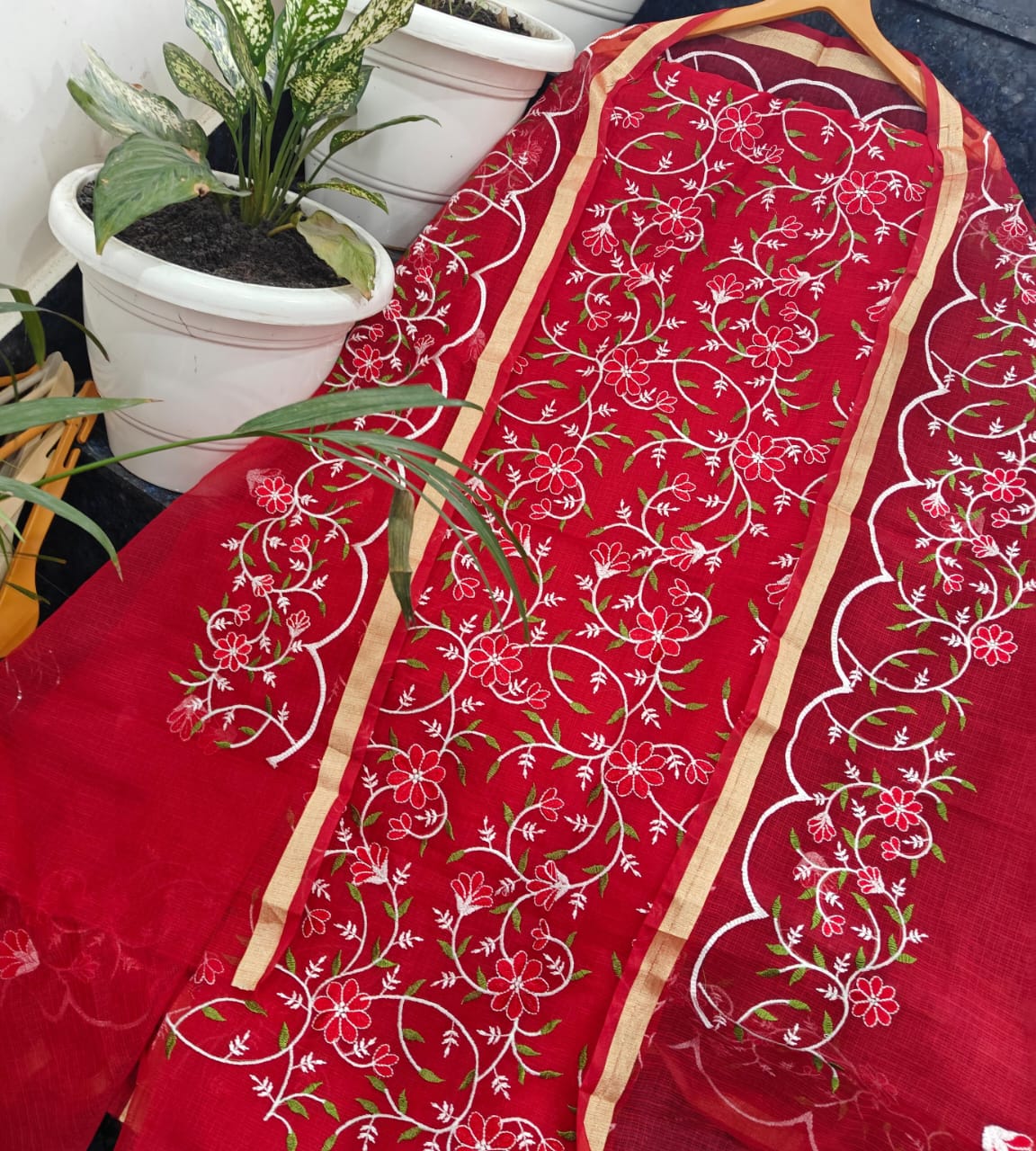 Yuvi Style Red Kota Doria Suit With Embroidery Work (FKDYS7101)