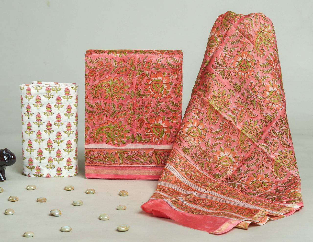 YUVI STYLE HAND PRINTED CHANDERI SILK SUIT SET WITH CHANDERI DUPATTA (CHDYS225)