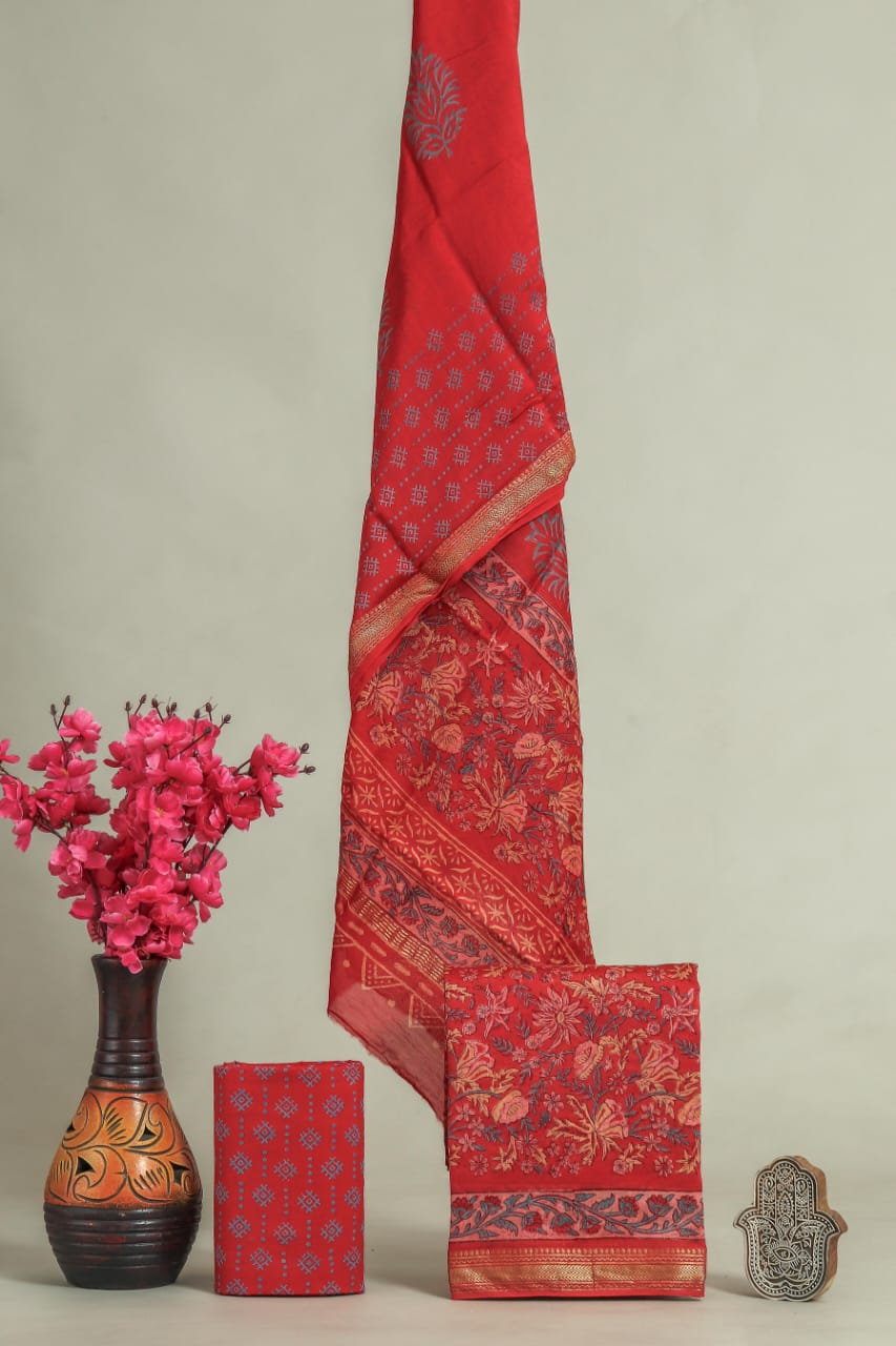 EXCLUSIVE HAND BLOCK PRINT MAHESHWARI SILK SUIT WITH MAHESHWARI SILK DUPATTA (MSLYS100)