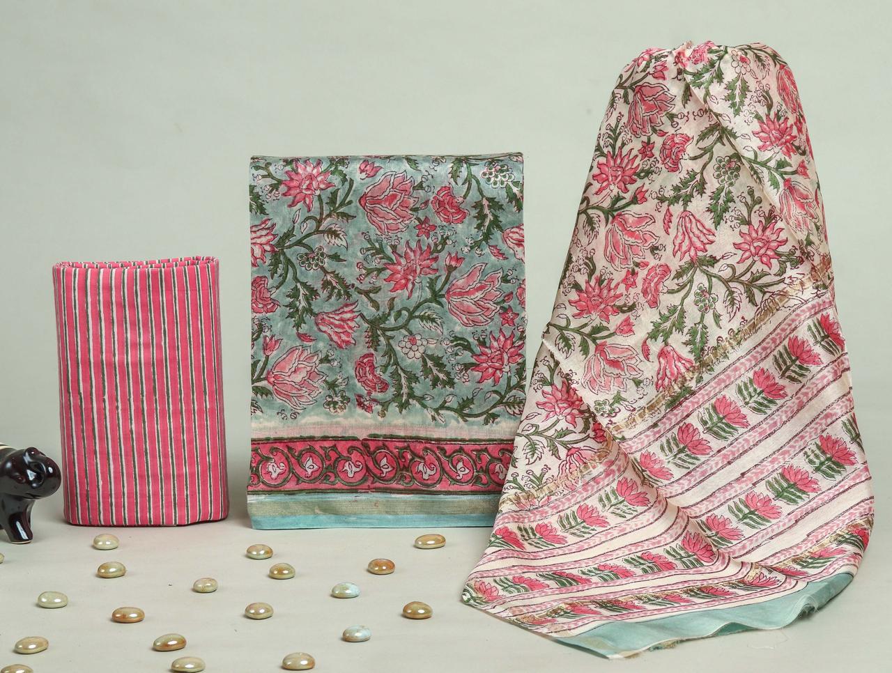 Designer Hand Block Print Chanderi Silk Suit set with Premium Chanderi Dupatta (CHDYS15)