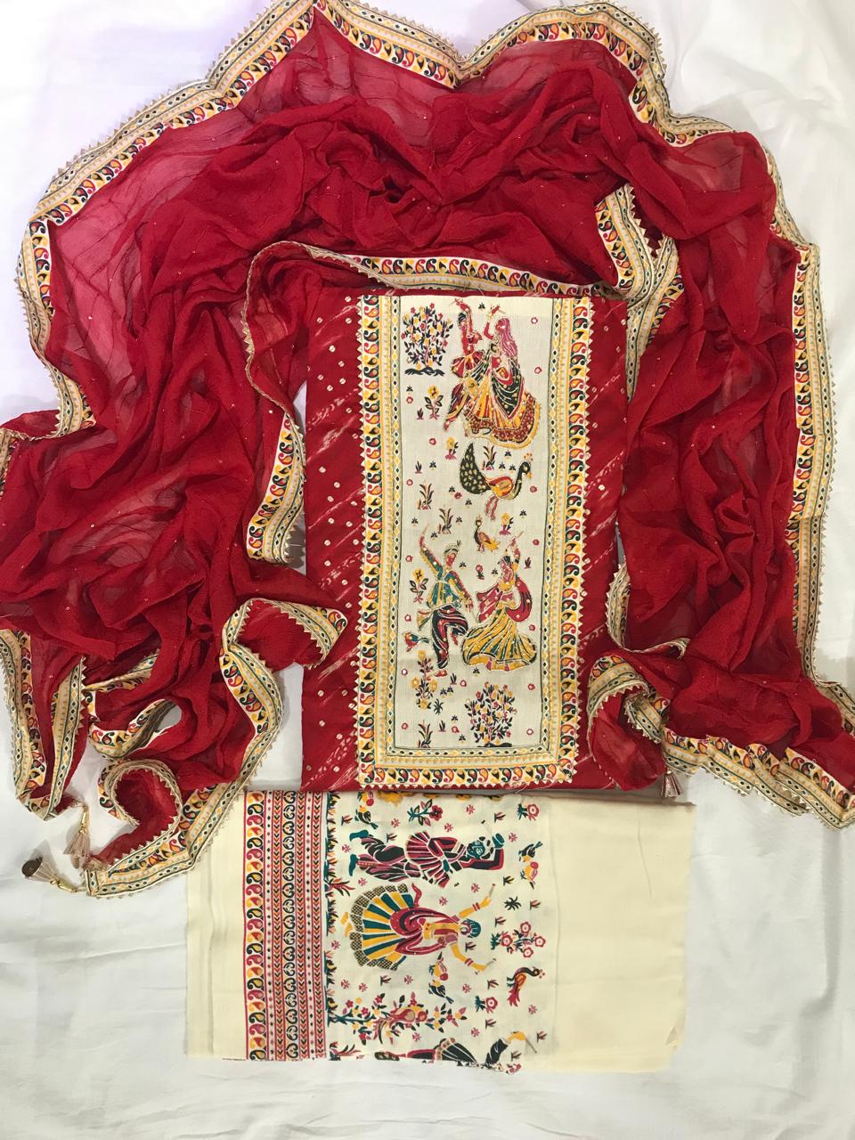 JAIPURI PRINT COTTON SUIT MATERIAL WITH CHIFFION DUPATTA   NECK WORK (GOTAYS145)