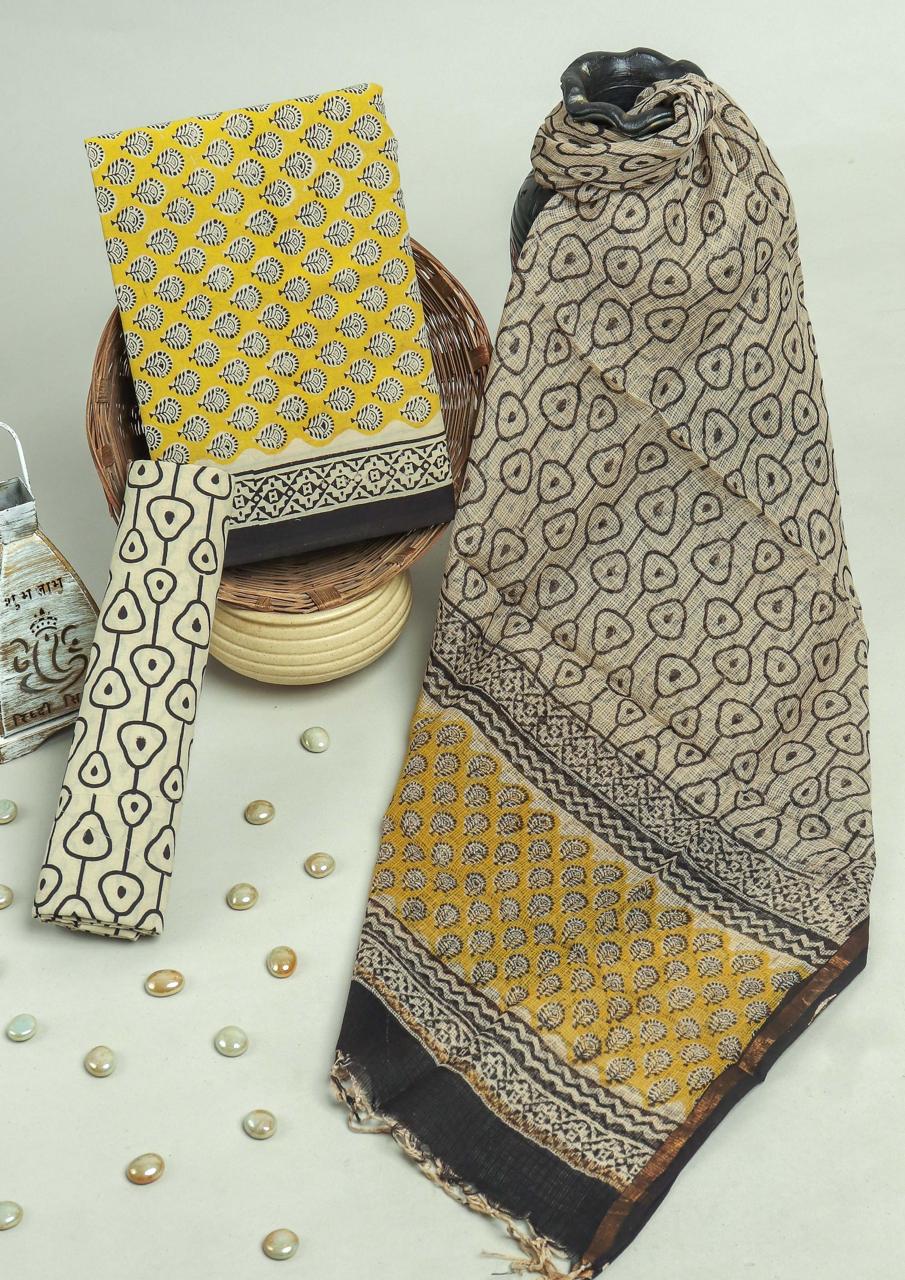 Designer Hand Block Print Pure Cotton Suit Material with Kota Doria Dupatta(3CKDYS03)