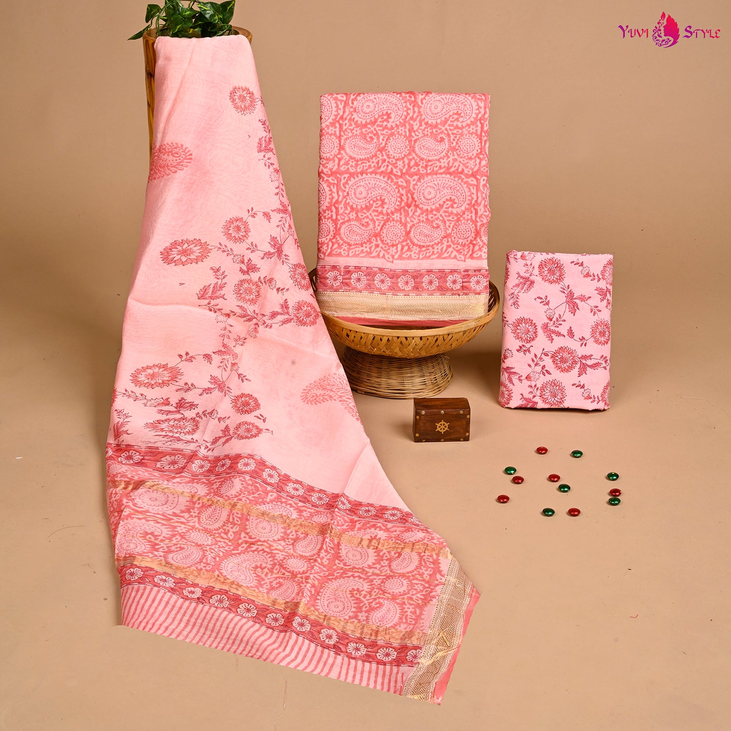Designer Hand Block Print Maheshwari Silk Suit Set (MSLYS15)