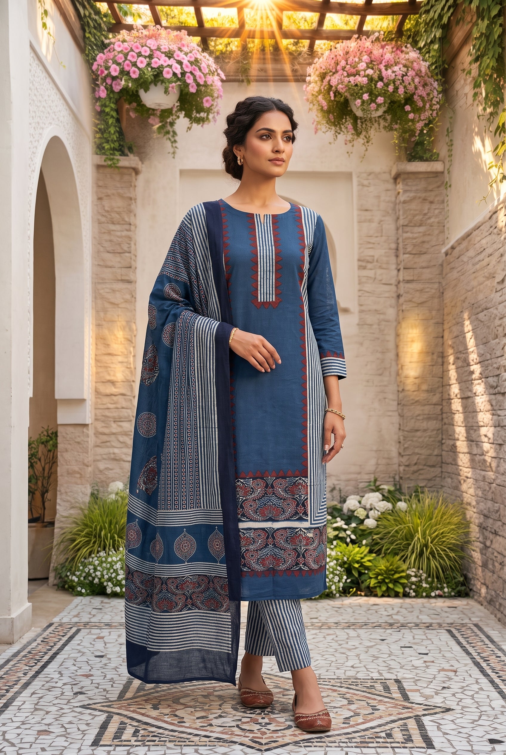 KUTCH HAND BLOCK AJRAK PRINT NATURAL DYED COTTON SUIT WITH COTTON DUPATTA (AJPCYS01)
